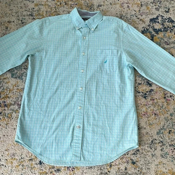 Nautica slim fit men’s long sleeved button down Checked Mint green Size Medium - Picture 2 of 13